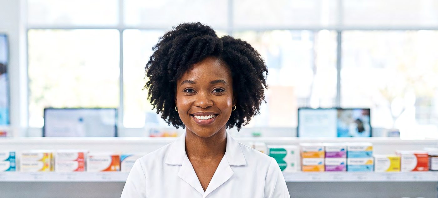 Pharmacist smiling behind the counter of a well-stocked pharmacy